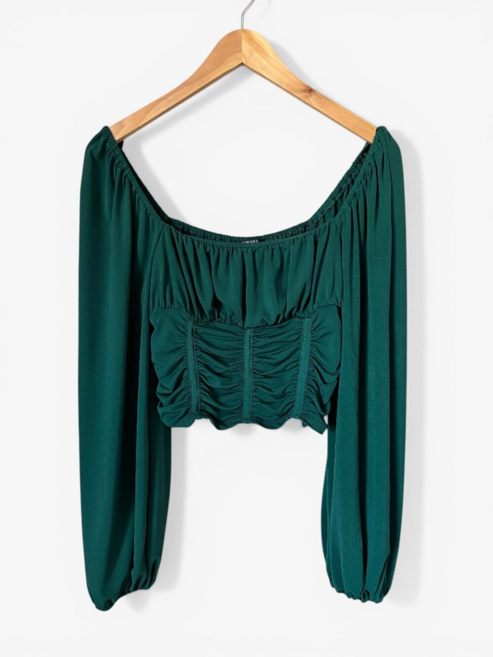 Forever 21 Corset Style Ruched Peasant Crop Top Green Womens Medium Regencycore
